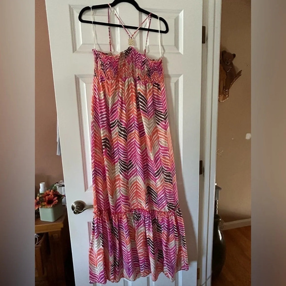 Trina Turk Dresses & Skirts - Trina Turk Silk Halter Ruched Maxi Dress Ruffle bottom NEW Size 12